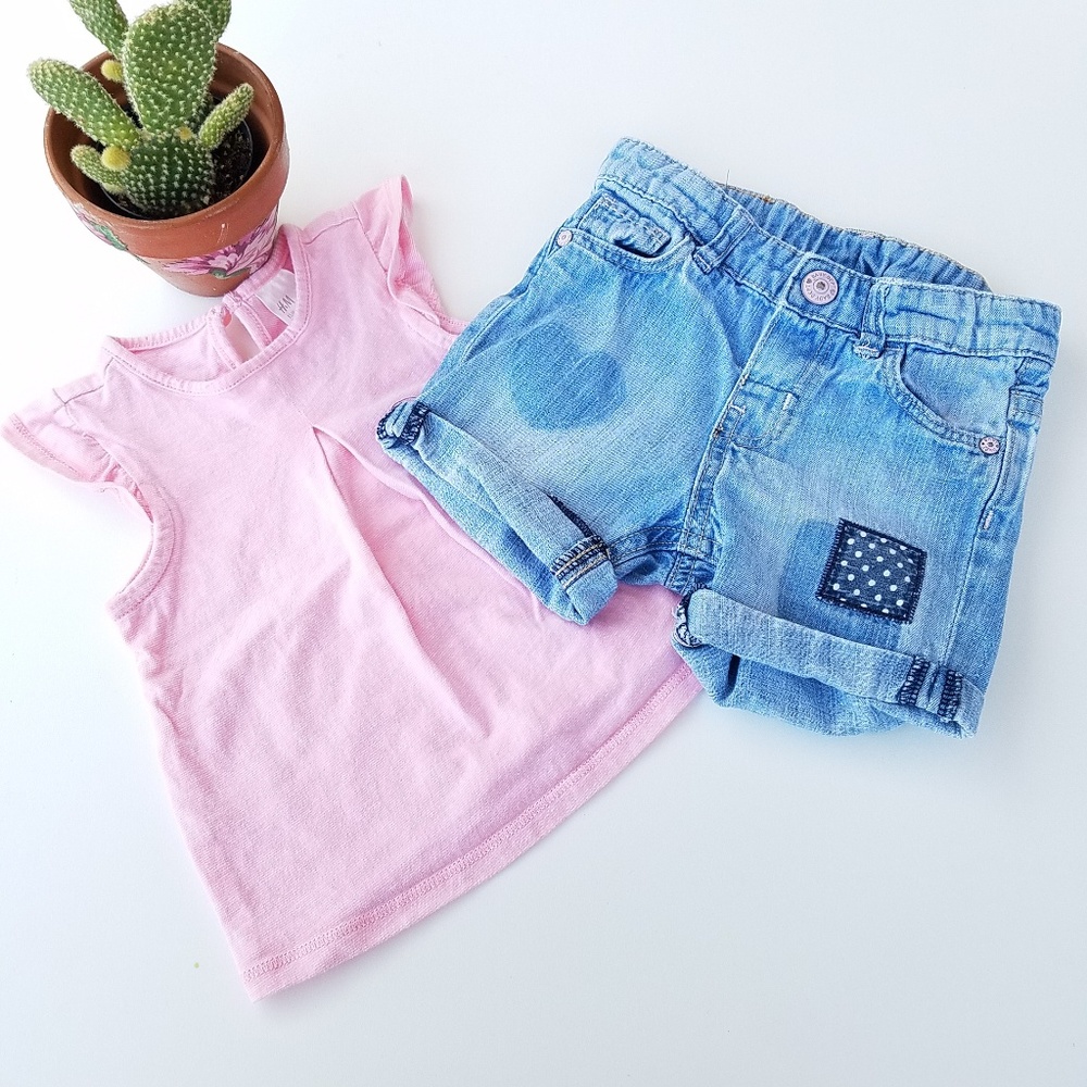 H&M Baby Pink Ruffle top and distressed jean shorts size 4-6 months
